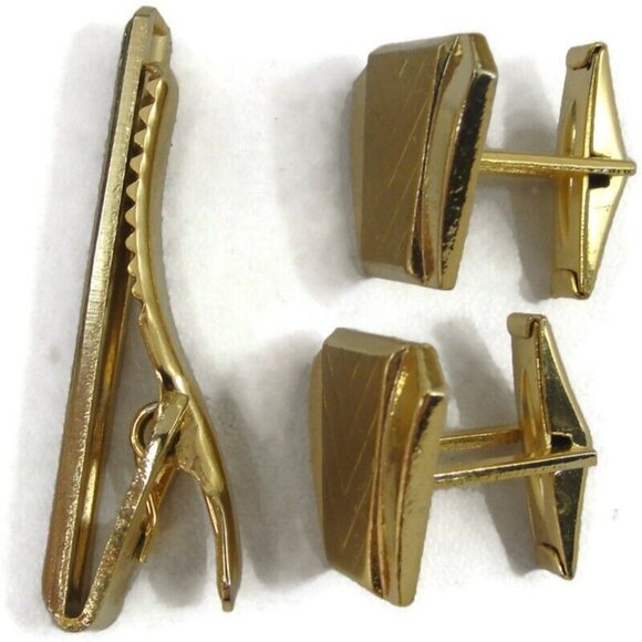 Asymmetrical Cufflinks Tie Clip Set Gold Tone Wedding Tux Vintage - Picture 3 of 16
